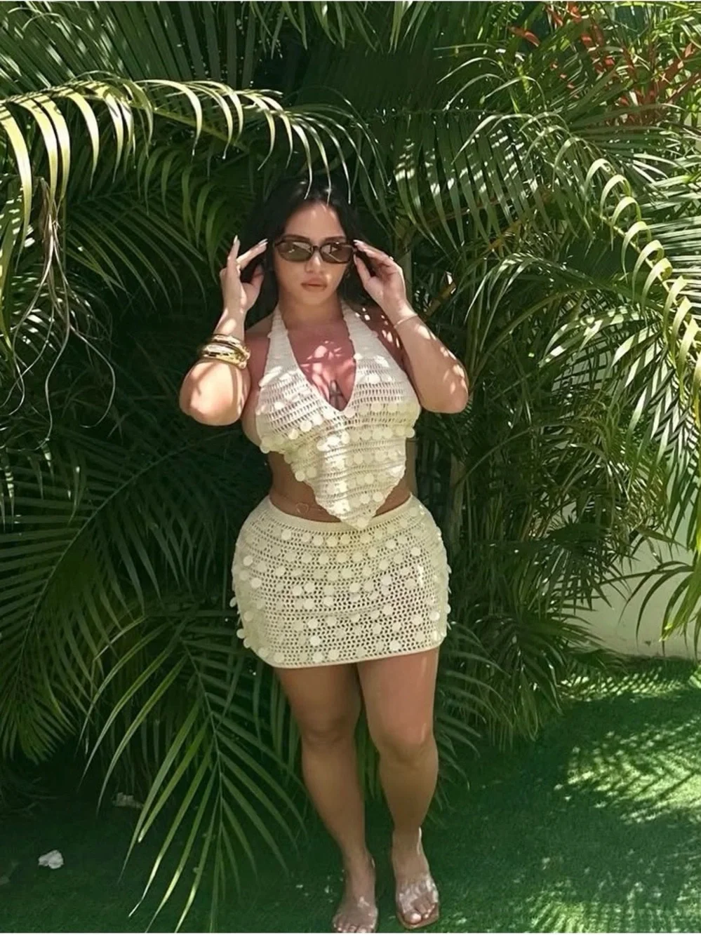 Cream Crochet Halter Mini Skirt Set - Women's Summer Skirt